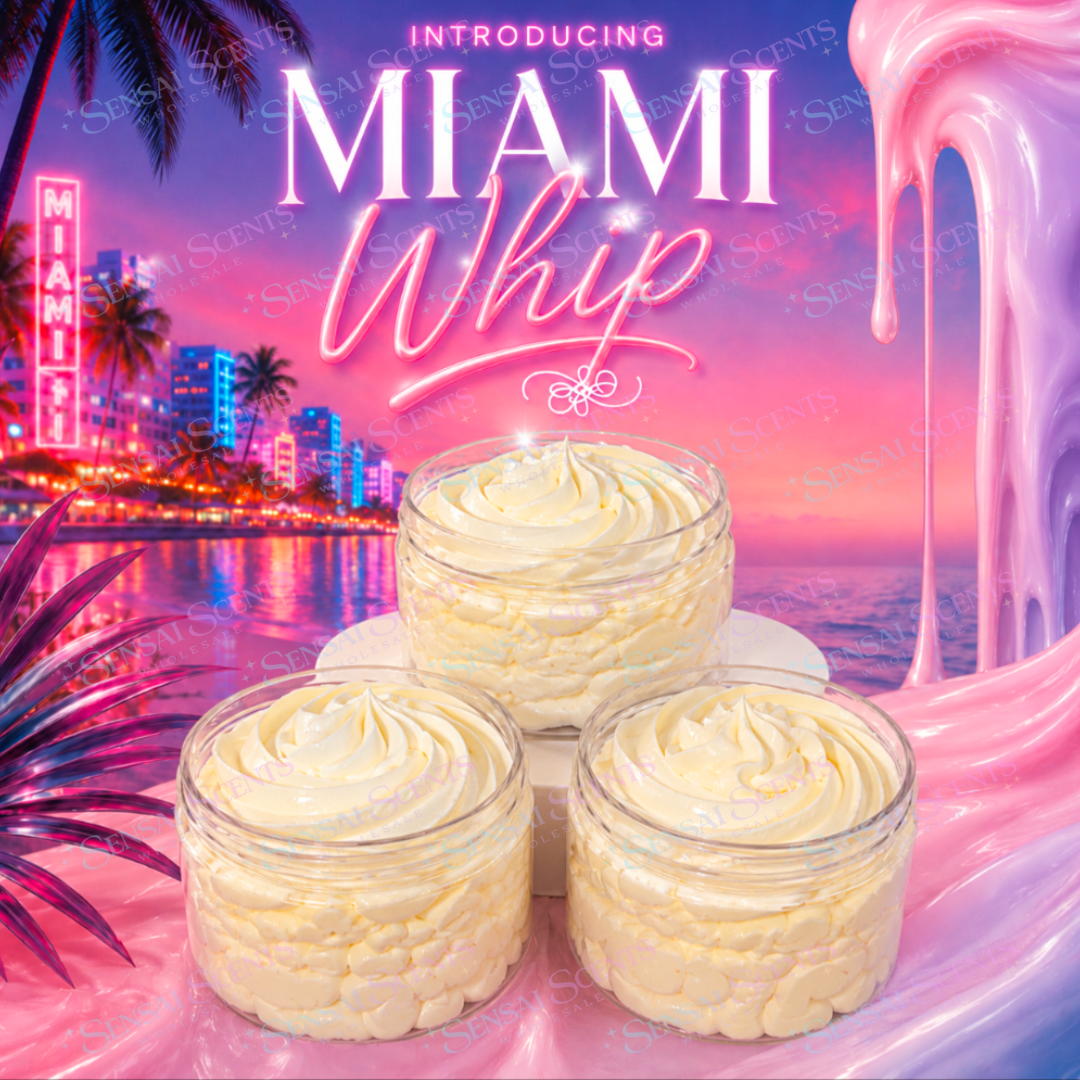 Miami Whip Triple Body Butter in a 100g clear PET pot with black lid, luxury whipped body butter scented with strawberries, vanilla, whipped cream and ice cream,