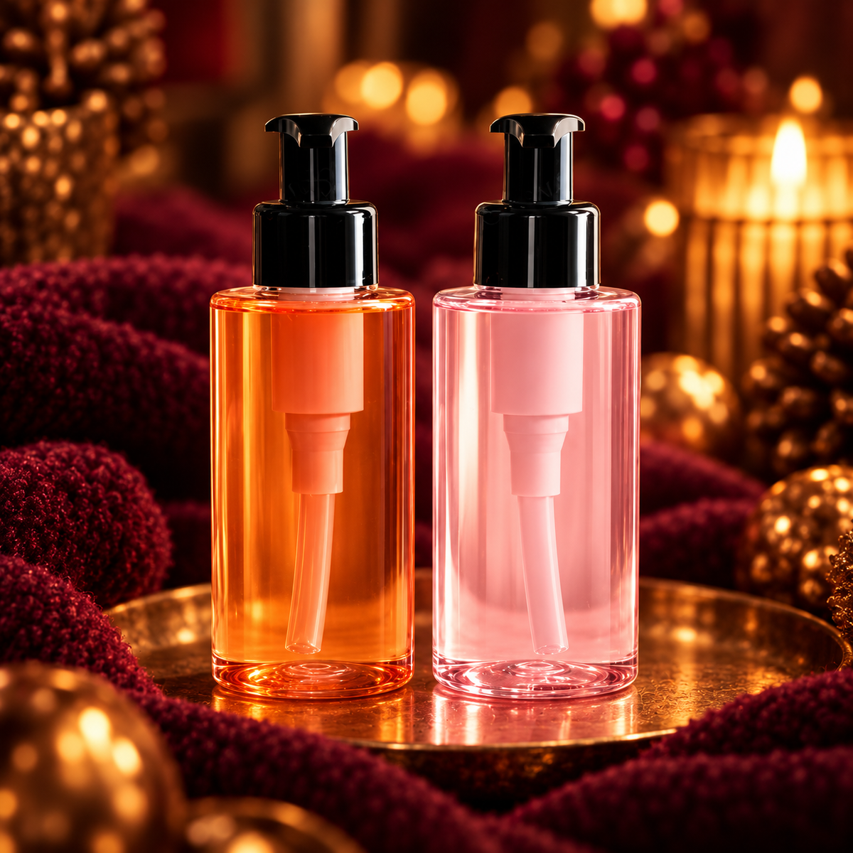 2 in 1 Shower Gel & Bubble Bath in amber orange and soft pink, with black pump lids, displayed against a warm, cosy burgundy background with golden candlelight.